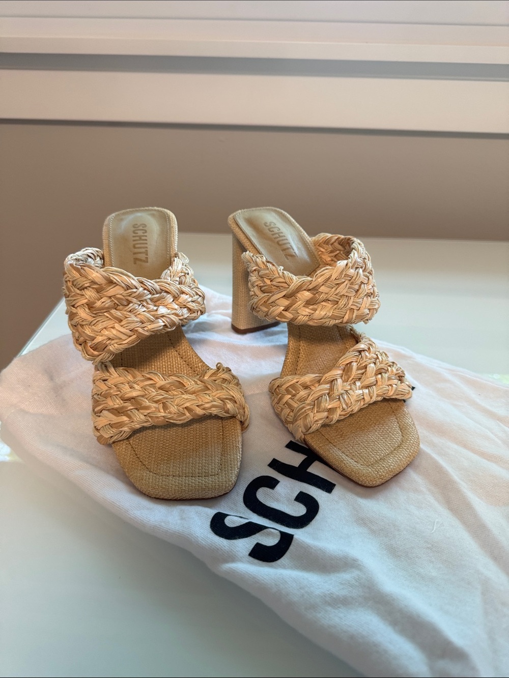 SCHUTZ Braided Raffia Double-Strap Heeled Sandals in Natural
